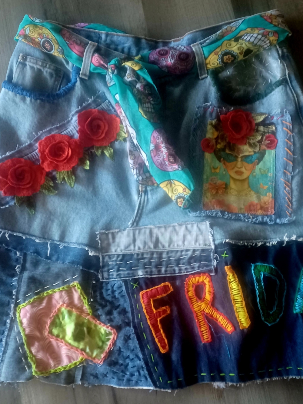 Boho Embroidered Denim Patchwork Skirt in Blue W/Mexican Artist's Image. OOAK